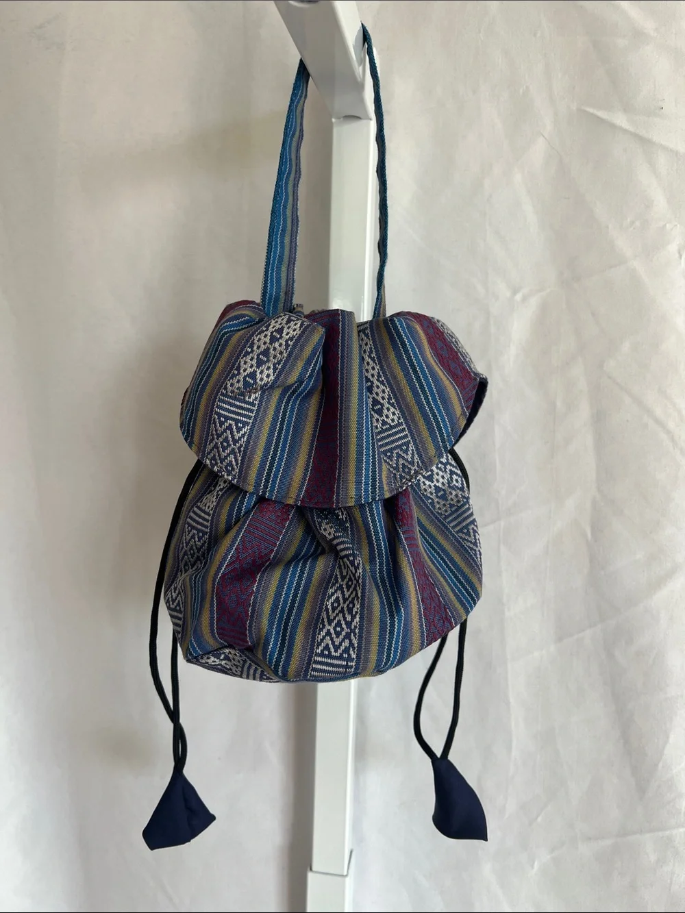 Woven Blue Multi-Stripe Drawstring Bag with Flap on Front & Back Silk Pullstring